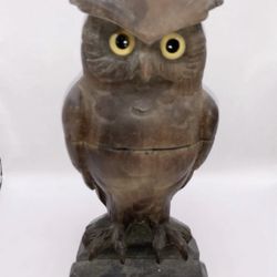 Antique 1800s Hand Carved Wood Black Forest Owl Inkwell