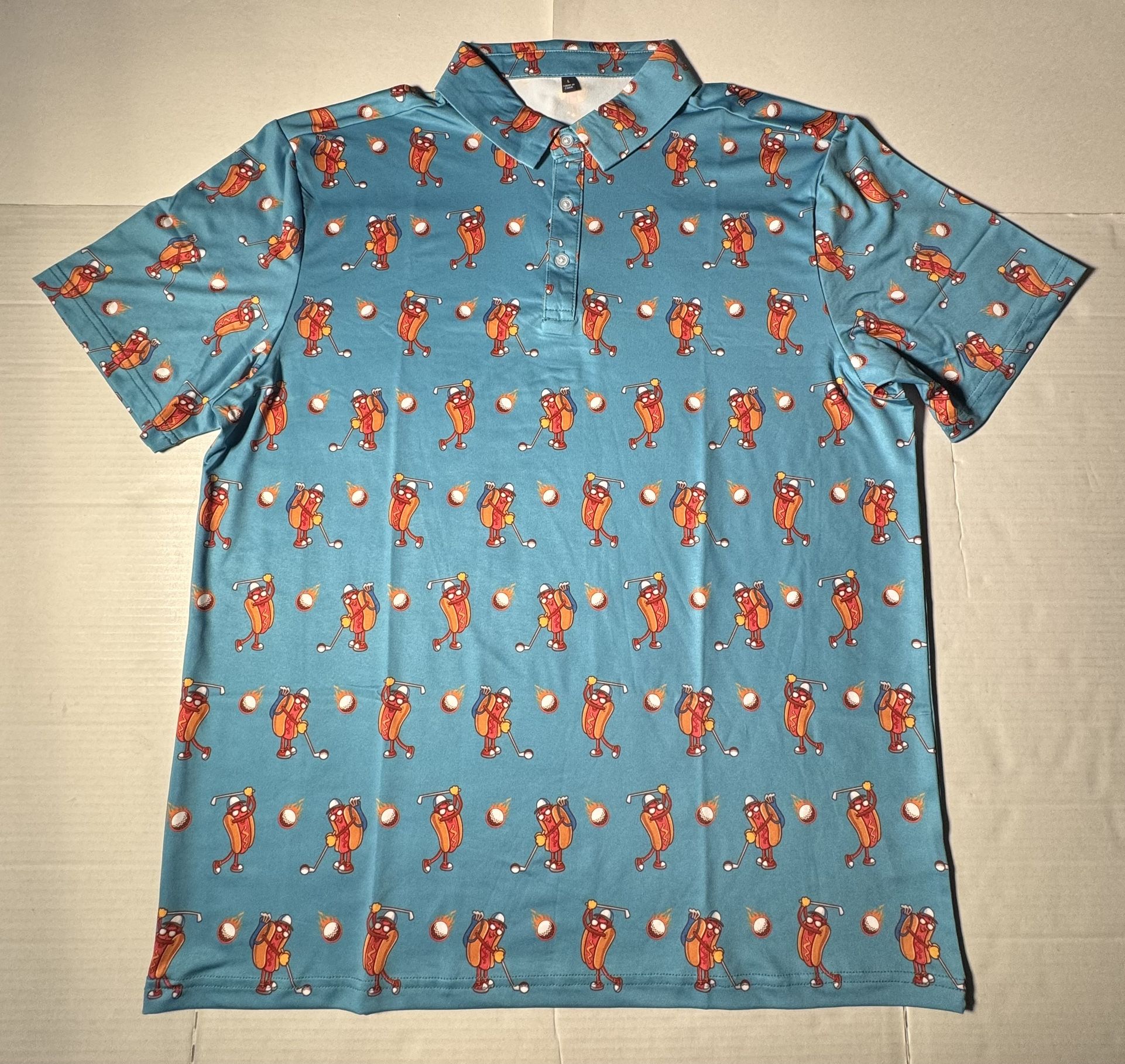 NWOT  Golf Polo  Short Sleeve Funny Hot Dog Golfer Caddy Fire Ball  All Over Print Teal Blue Green Men  Size Large
