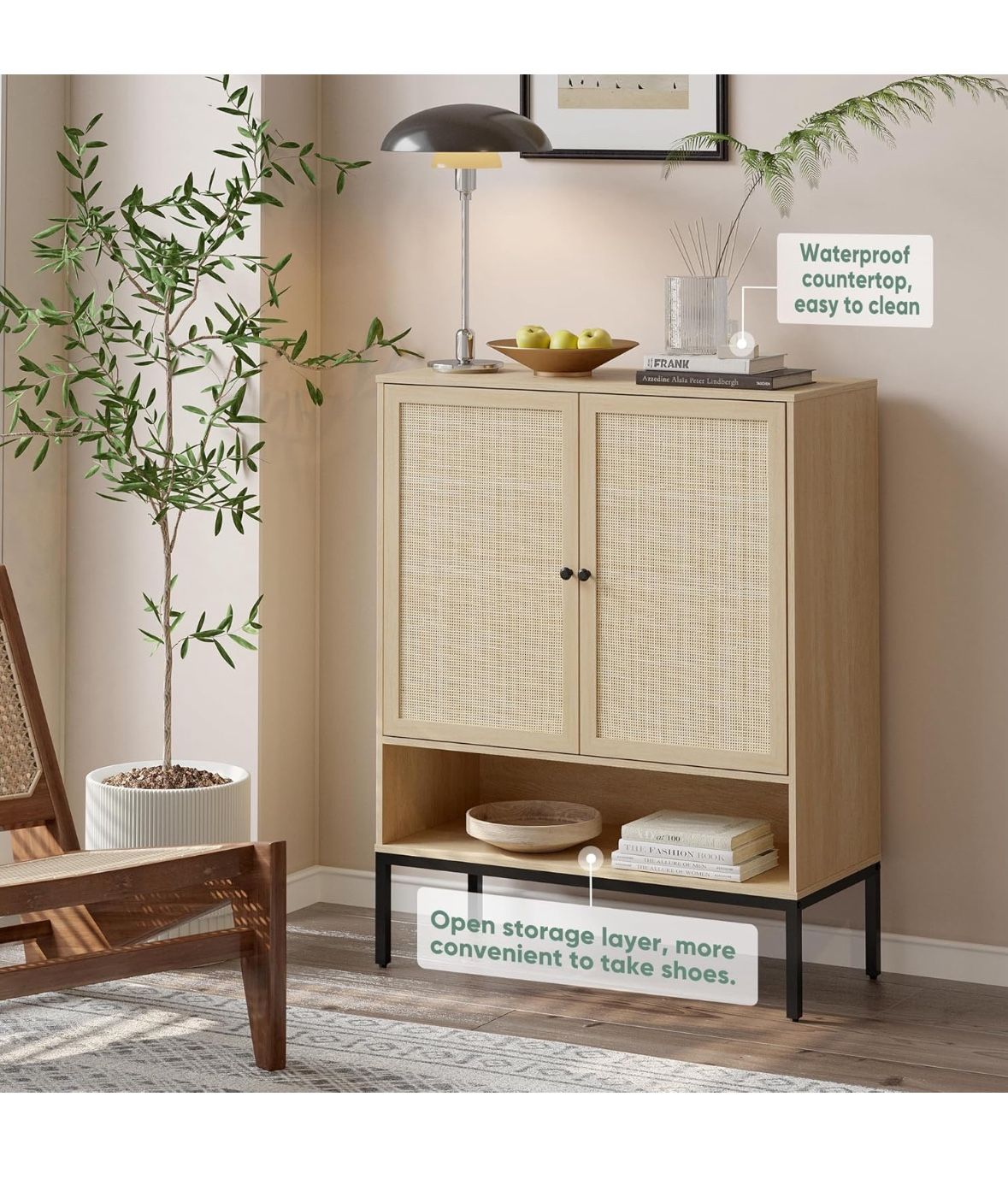 Zapatero de ratán natural, organizador de almacenamiento de 5 niveles con puertas, patas de metal, zapatero de entrada para tacones modernos, botas, p