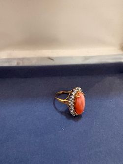 Gold Ring with Coral and Diamonds. Plated
