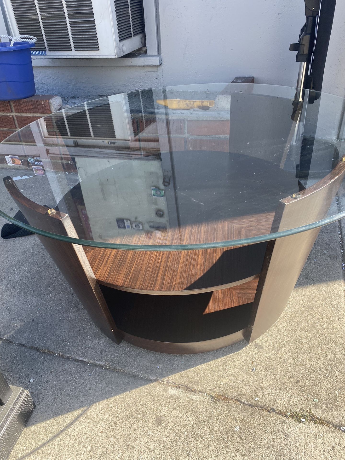 Round Coffee Table Wood And Top Glass 38” Diameter X 19” High