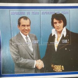 ELVIS PRESLEY - 1996 LIMITED EDITION CHAD STAMP BLOCK - 2 STAMPS - 1500F - NIXON