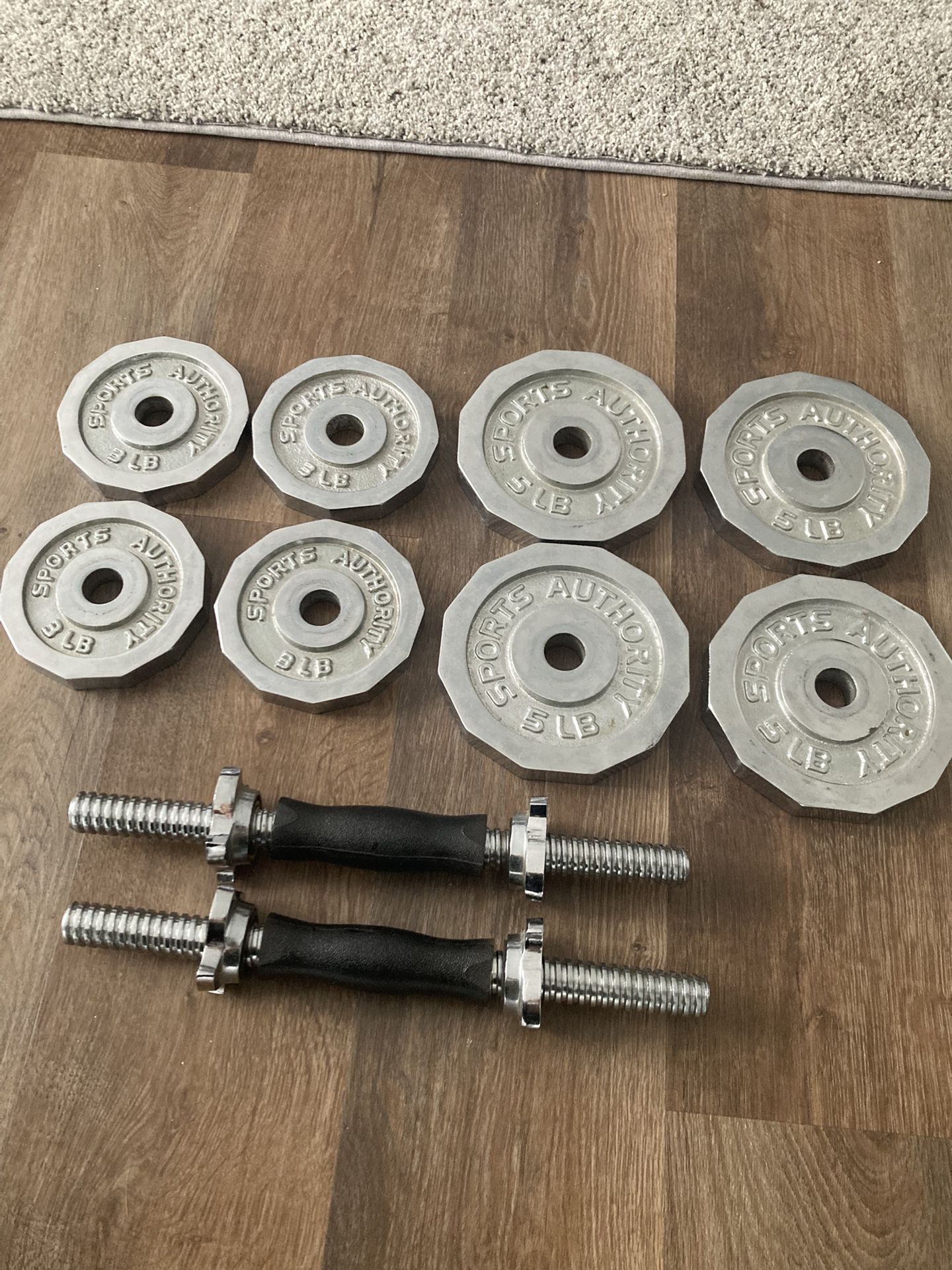 Chrome Set Sports Authority Barbell, Weight Plates Rare