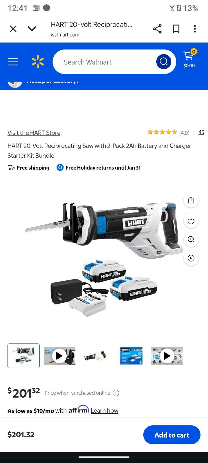 hart sawzall with 2 20 v batteries no charger