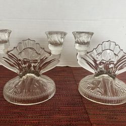 Vtg Pair Jeannette Glass Iris & Herringbone Double Candlestick Holders