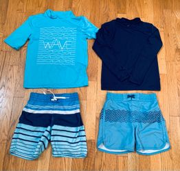 Boys Swim Set Size S 6/7 2 Rash Guards & 2 Matching Trunks , 4pc Bundle EUC