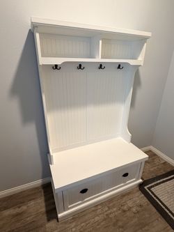 Seaside Hall Tree Distressed White - Crosley: Bench Seat, Coat Hooks, Storage Cubbies