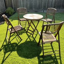 Vintage burnt bamboo Bistro Dining Patio Set Fording Table And 4 Chairs