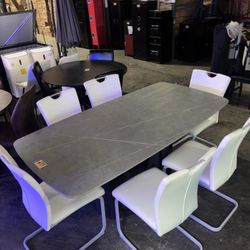 New In BOX 71" X 35" Sintered Stone Really faux Mable Dining Table With Six White Chairs