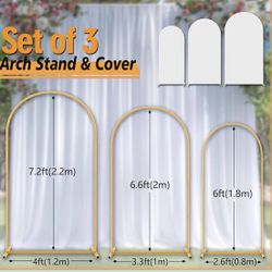 Wedding Arch Backdrop Stand Set w/ White Covers | 3 Sizes Gold Metal Arches 7.2FT 6.6FT 6FT | Party & Event Decor