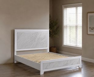 Contemporary White Full Size Bed: Faux Marble Panel Headboard, Rubberwood Frame, Stylish Bedroom Furniture