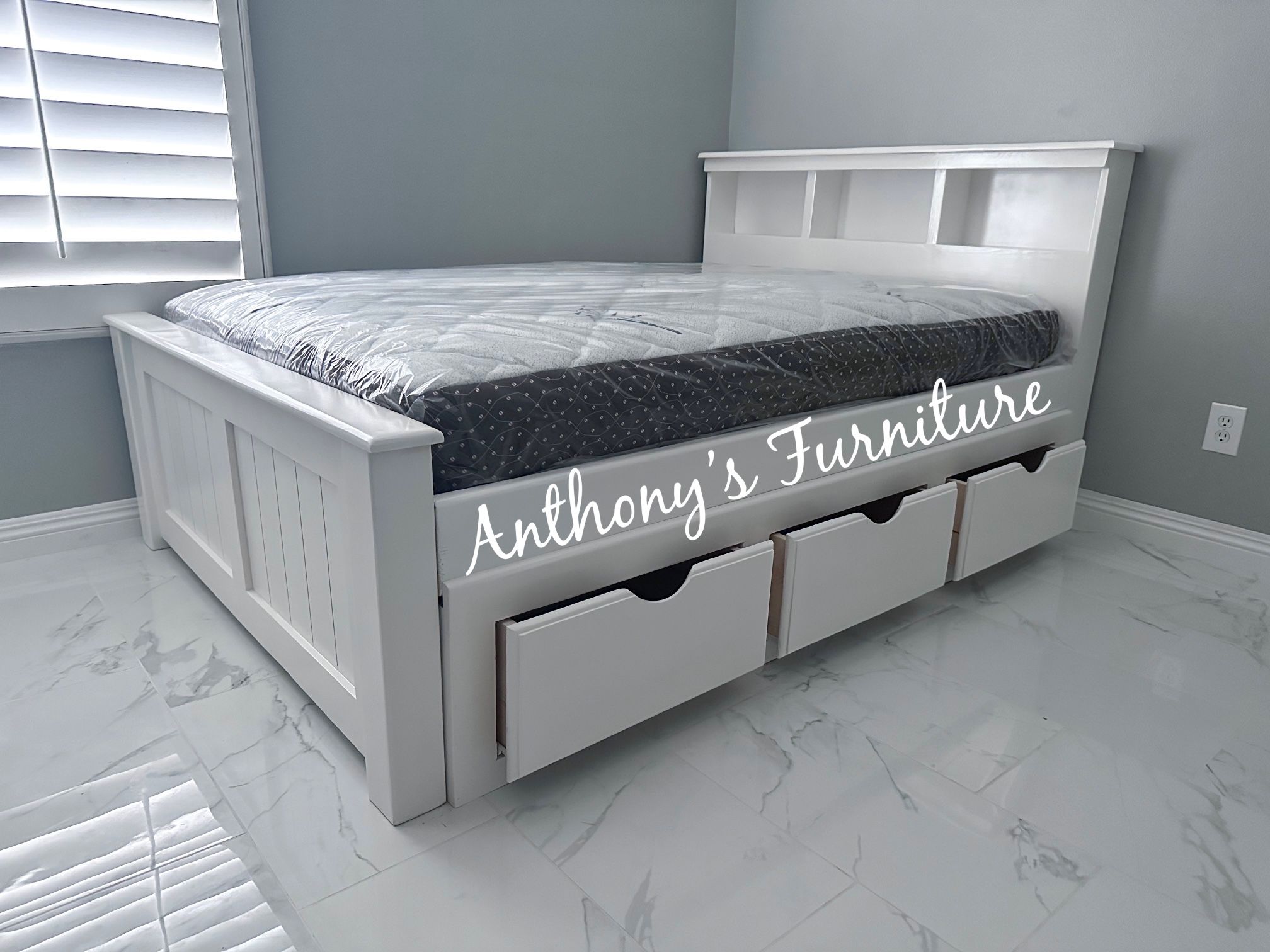 White Full Bed & Bamboo Mattress + Drawers 