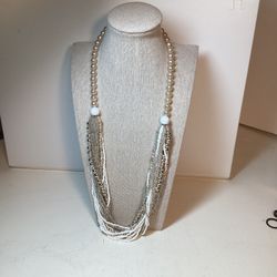  Vintage Multi-Strand Faux Pearl With Silver And White Bead Necklace 