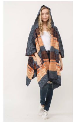 Knitted Hooded Poncho by Raj Imports NWOT OS Fall Colors