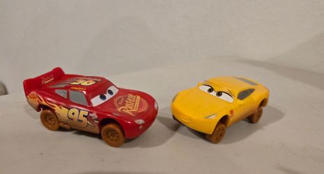 Lot of 2 Disney Pixar Cars Crazy Wheels / Pull-Back Stunt Racers (Lightning McQueen & Yellow Next-Gen Racer)