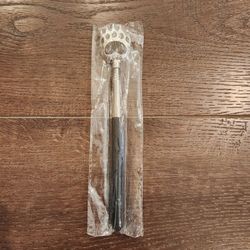New Bear Claw Telescopic Back Scratcher, metal extendable arm, black rubber grip handle, silver-colored metal bear paw/claw tip for scratching hard-to