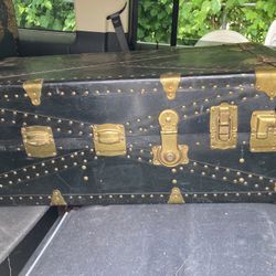 Vintage Black Steamer Trunk With Brass Studs