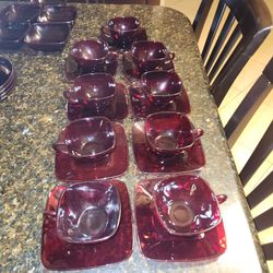 9 Vintage  Set Of Red Ruby Glass  Saucer And Cup