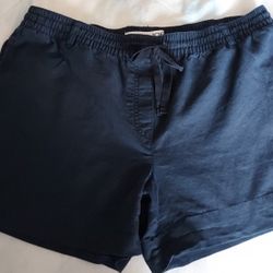 Ladies Navy Blue Linen Shorts With Elastic Tie Waist And Side Pockets 
