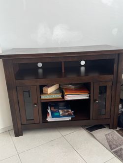 Dark Brown Wood TV Stand with Glass Doors