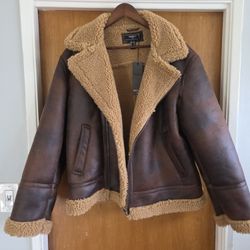 Men's XL Vegan Suede Sherpa Jacket New Brown Aviator Pilot 