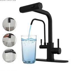 1713: Black Kitchen Faucets with Water Filter and Pull Down Sprayer, Waterfall Kitchen Sink Faucet, Two Handle Sink Faucet with Pull Down Sprayer for