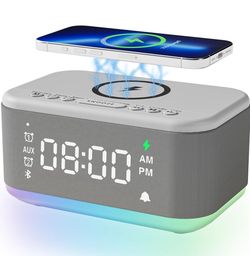 Alarm Clock Speaker Wireless Charger, Digital Alarm Clocks Bedrooms Bluetooth, Alarm Clock Dimmable Light Bedrooms Dual Alarm Snooze Dimmer 12 24H RGB