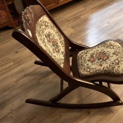Antique Folding Victorian Style Wooden Rocking Chair Floral Tapestry. 31" Tall