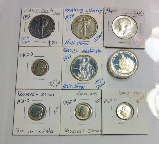 LOT OF (9) NICE COLLECTIBLE HALF DOLLAR AND TEN CENT SILVER COINS