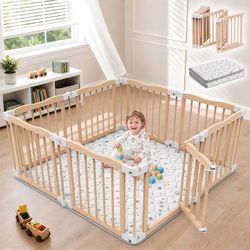 🔥 BRAND NEW – BlueWood Wooden Baby Playpen with Mat | 8 Panels | Nature Nest