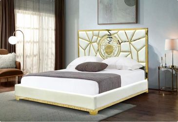 Luxury White and Gold Upholstered Bed Frame