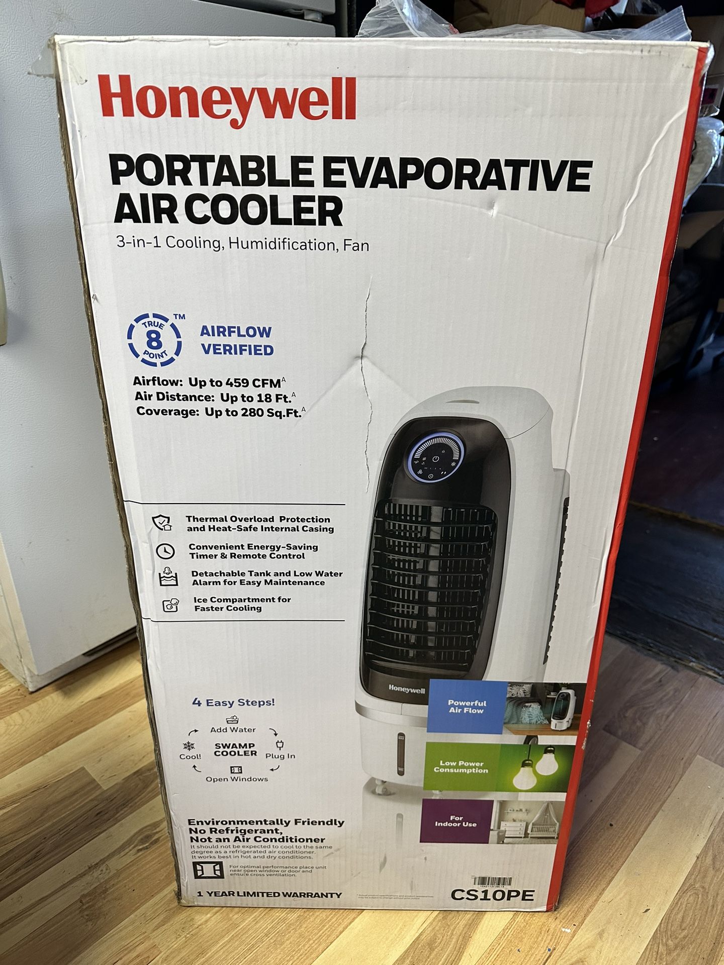 💯❄️NEW Honeywell CS10XE 423CFM 258 sq. ft. Spot Evaporative Air Cooler with Detachable Tank, Black & Silver($259)