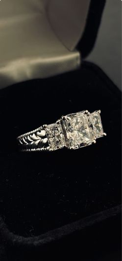 14K White Gold Filigree 3 Stone CZ Radiant Cut Ring Size 7.25