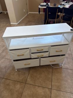 White Modern Storage Console / Entryway Organizer with Drawers and Power Outlet