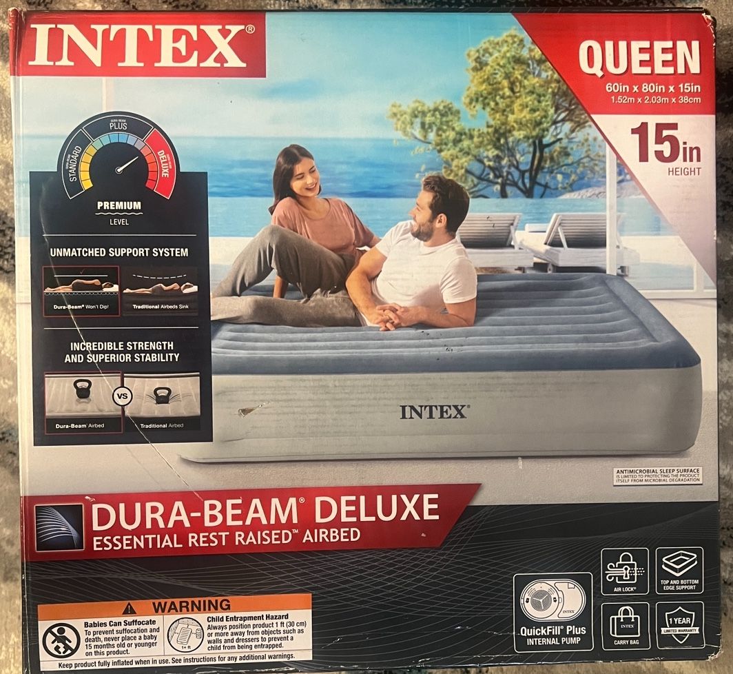 Intex 15” Queen Air Mattress with Built-In Pump – Essential Rest Dura-Beam Airbed