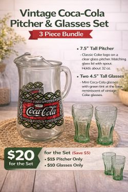 Vintage Coca-Cola Pitcher & Glasses Set – 3 Piece Bundle Deal