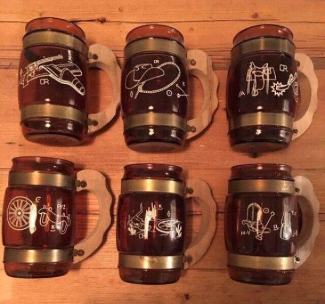 6 Vintage Siesta Ware Wooden Handle Western Beer Mugs