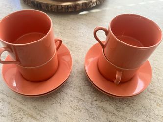 Vintage Fitz & Floyd Coral Peach Teacups Saucer X 4