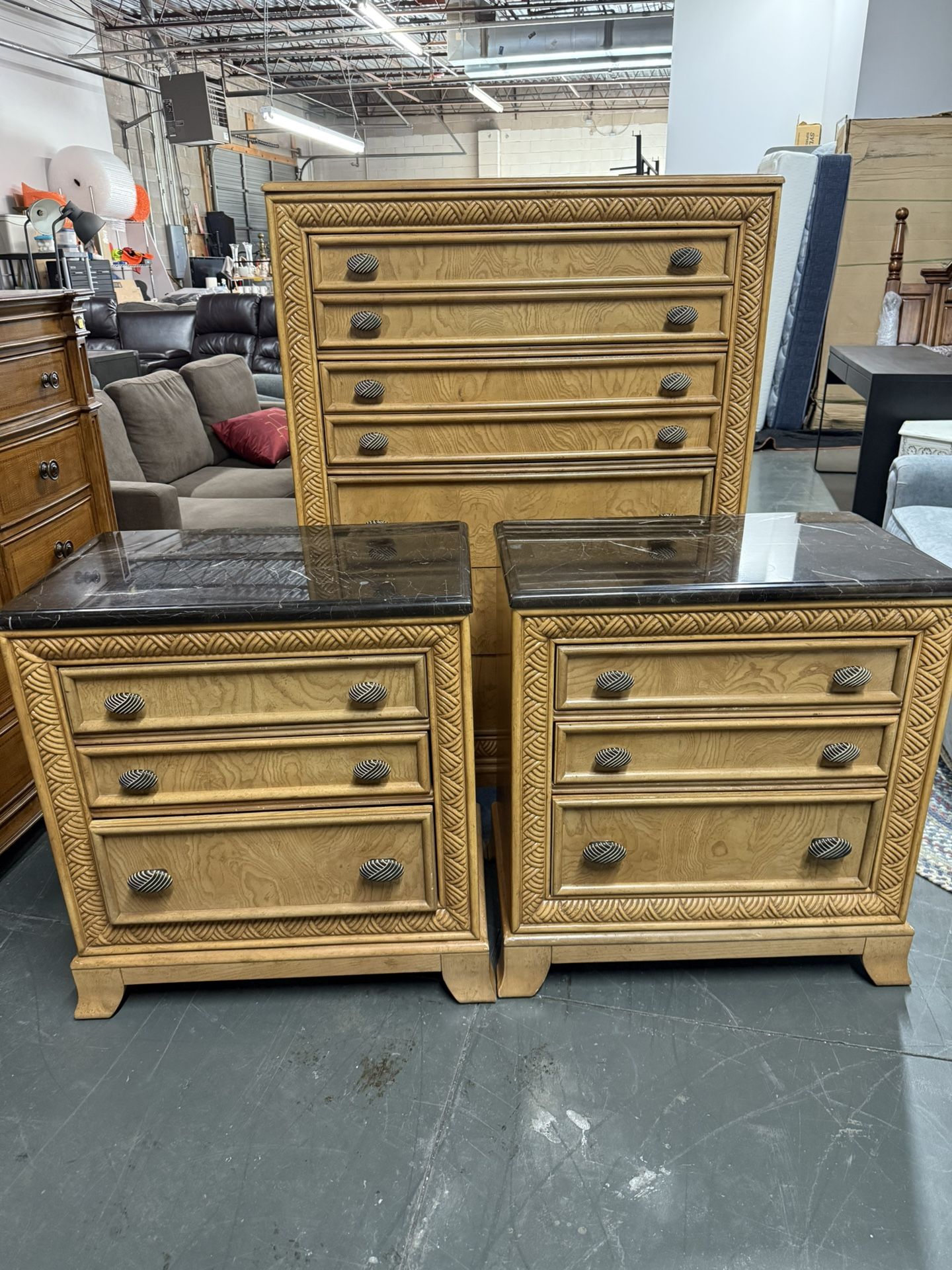 Elegant Light Wood Bedroom Set with Marble Tops – Timeless & Sophisticated