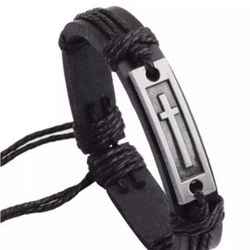 Men’s Boy Black Leather Wrap Silver Cross Adjustable Bracelet