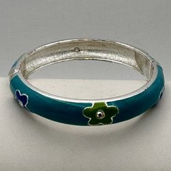Enamel Bangle Hinged Bracelet 7” Long  1/3” Wide Teal Blue Colorful Flowers Great Condition 