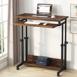 Height Adjustable Rolling Desk, Portable Laptop Table with Keyboard Tray & Wheels