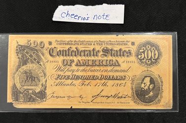 Vintage 1954 Cheerios $500 Confederate Note