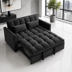 3 in 1 Convertible Sleeper Sofa Bed, Modern Pull Out Couch Bed, Adjustable Backrest, Velvet Loveseat Futon Sofa with Pillows & Pockets for Living Room