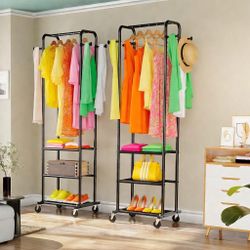 Heavy Duty Clothing Rack with Wheels, Rolling Garment Rack with 3 Storage Shelve