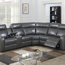 Gray Leather Manual Sofa Sectional 