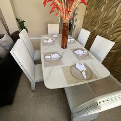 Estate Sale- Pristine Marble Stone Dining Set/White Corduroy Chairs