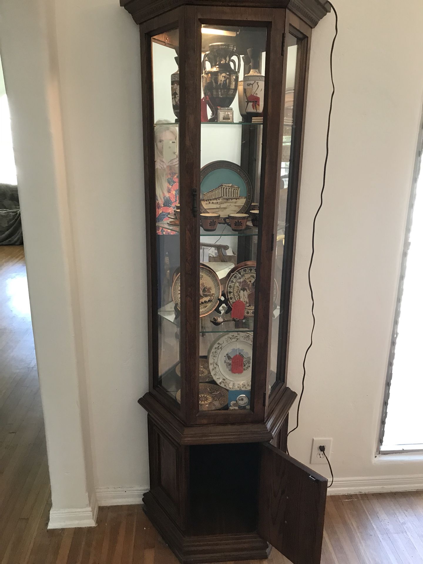 Lighted curio , vintage, real wood cabinet