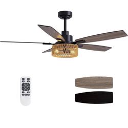 52 Inch Boho Black Rattan Ceiling Fans with Lights and Remote Control, Farmhouse Caged Rattan Ceilin