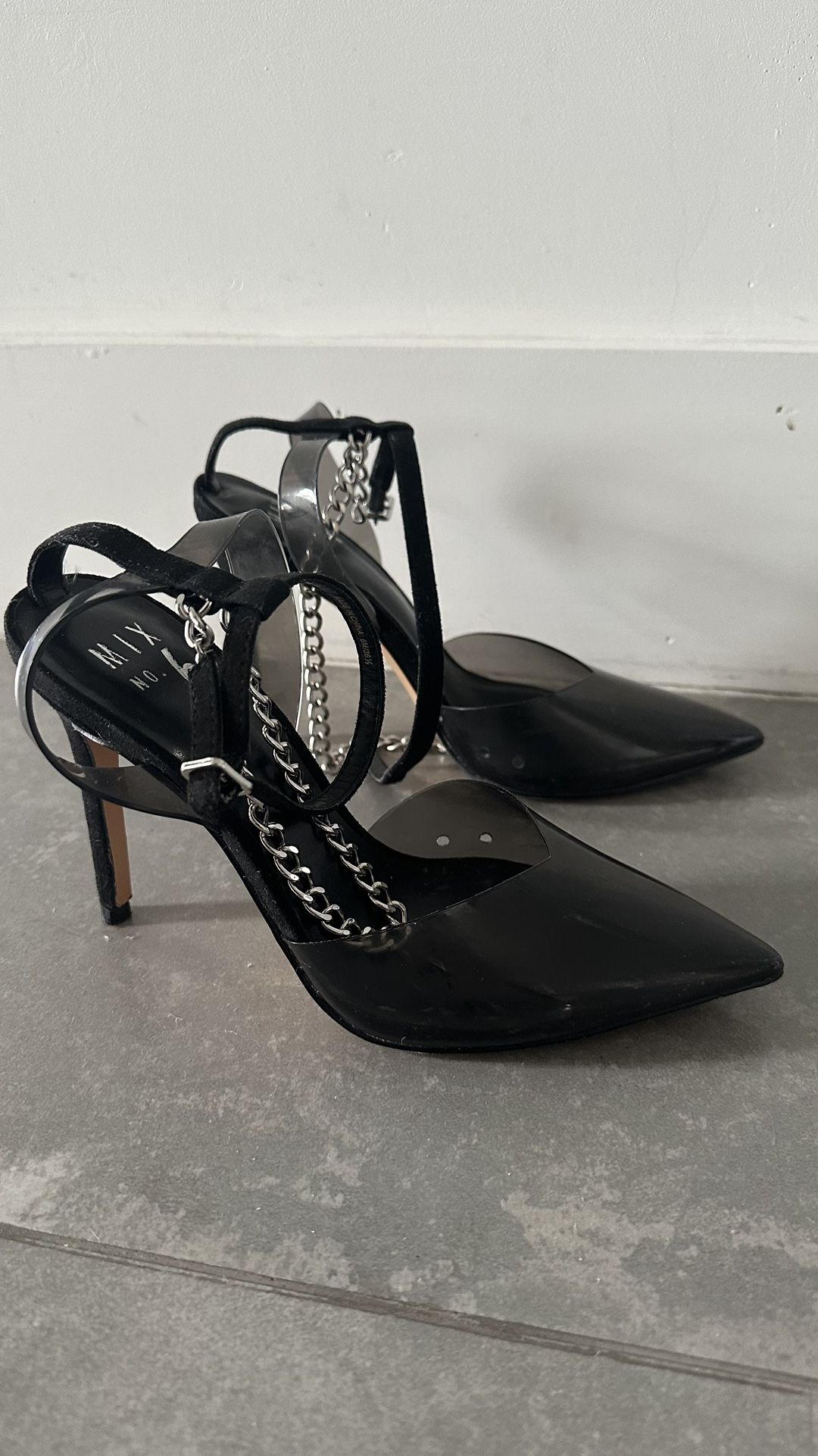 Make An Offer! Black Heels Clear Toe Suede And Chain Ankle Strap Size 6 